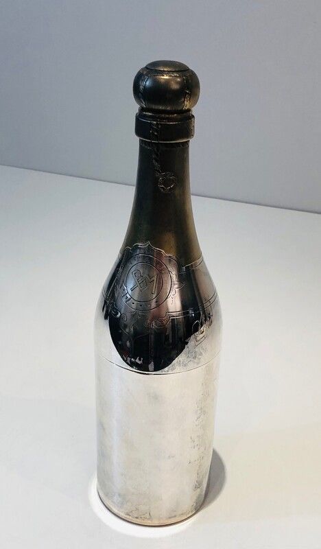 Rare Shaker en Métal Argenté et Laiton en Forme de Bouteille de Champagne