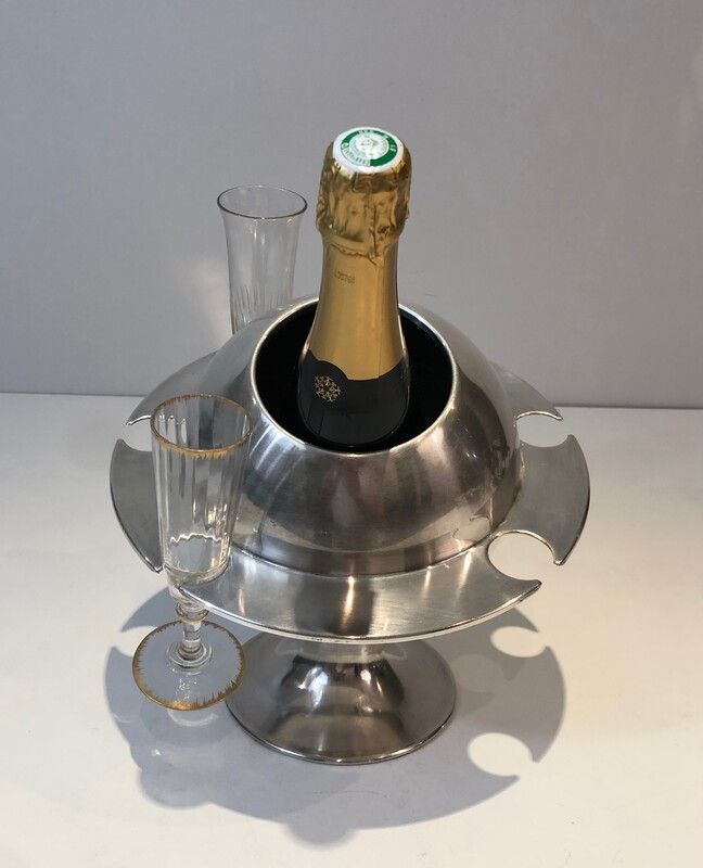 Rare Seau à Champagne Design et Présentoir à Flûtes en Métal Argenté