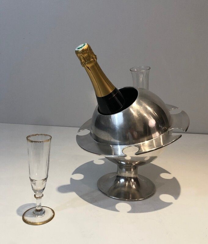 Rare Seau à Champagne Design et Présentoir à Flûtes en Métal Argenté