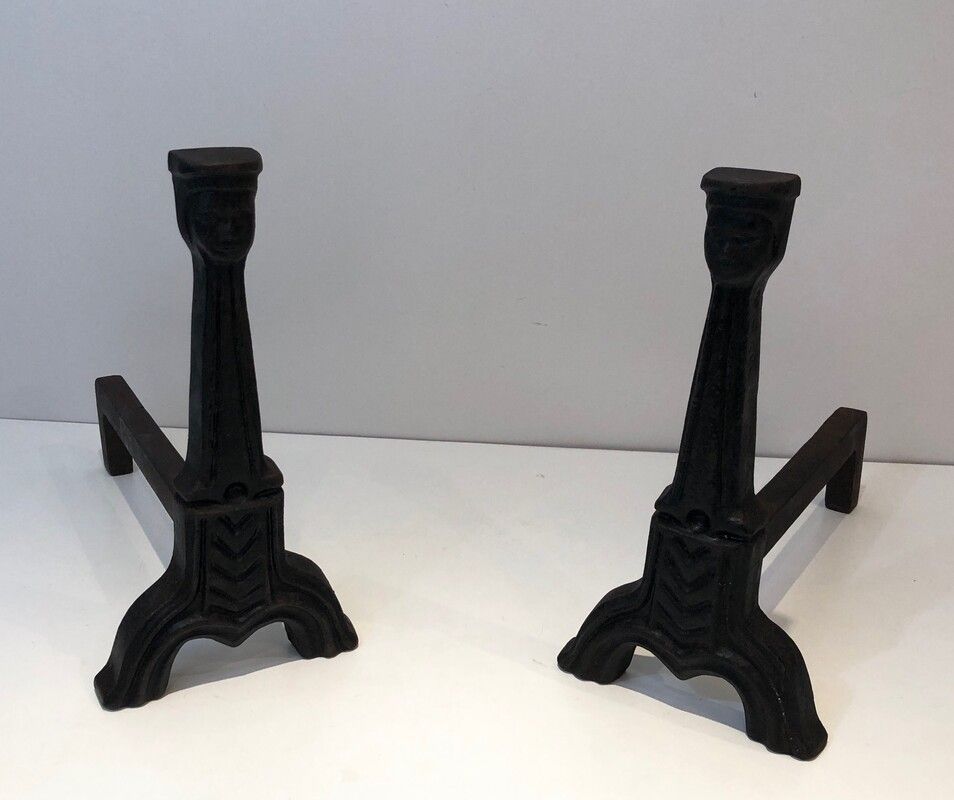 Pair of Gothic Style Cast Iron Andirons