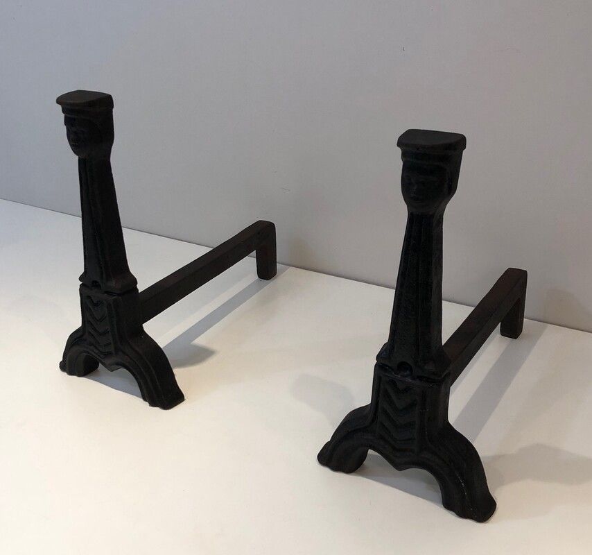 Pair of Gothic Style Cast Iron Andirons