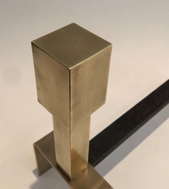 Paire de Chenets Modernistes en Laiton et Fer Forgé