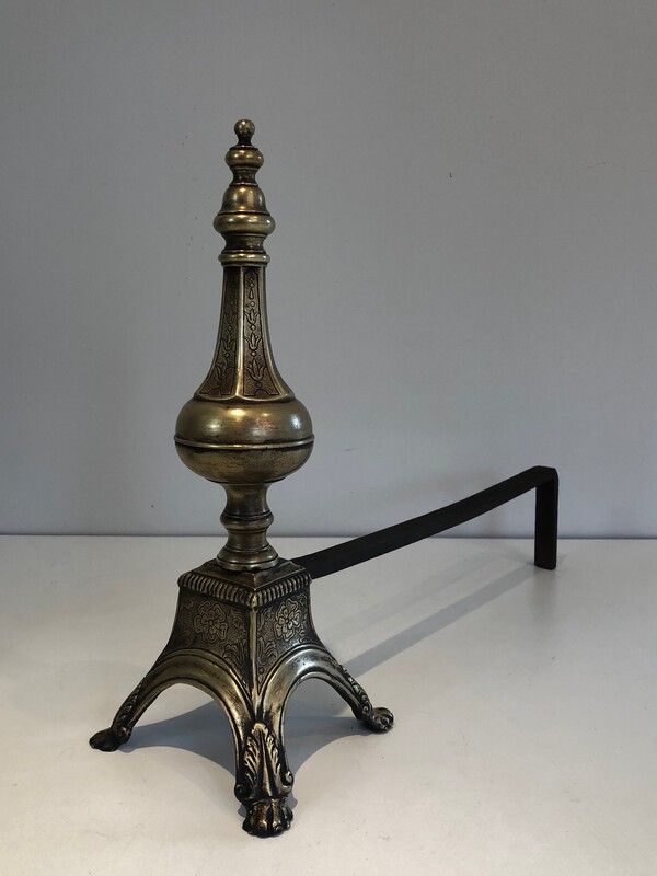 Paire de Chenets en Bronze Ciselé et Fer forgé de Style Louis XVI