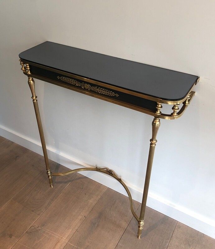 Console et Miroir de Style Néoclassique en Laiton et Tôle Laquée à Décors De Palmettes et Cols de Cygnes