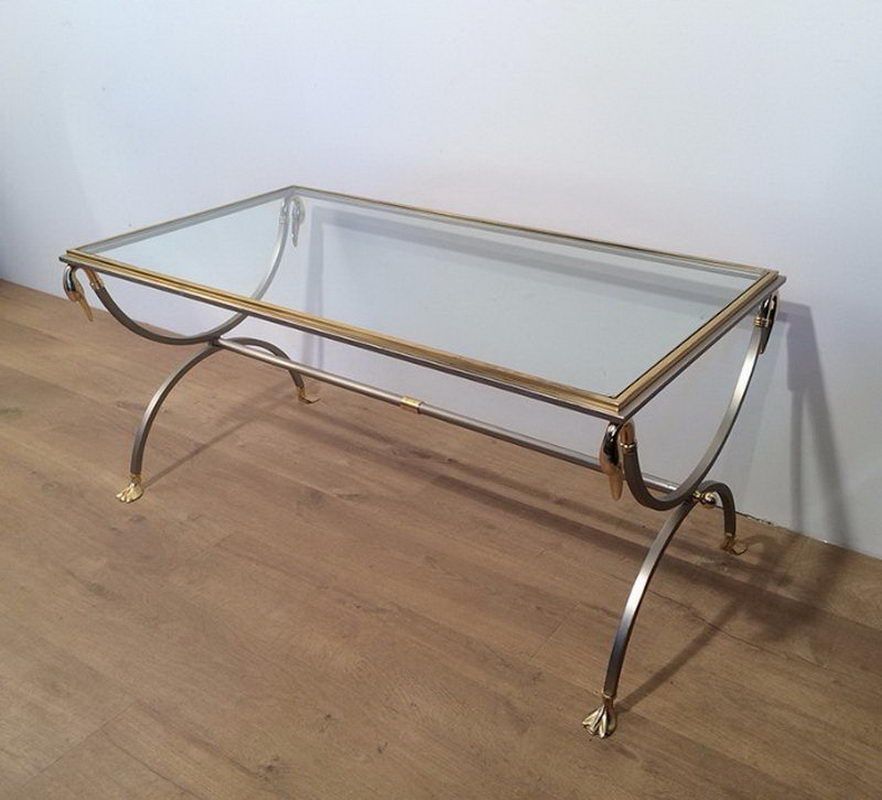 Brushed Steel and Brass Swan Coffee Table by Maison Jansen