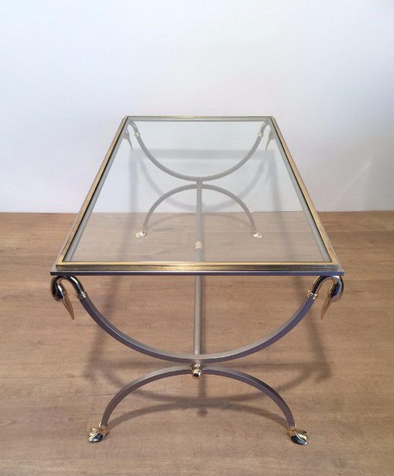 Brushed Steel and Brass Swan Coffee Table by Maison Jansen