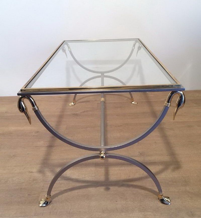 Brushed Steel and Brass Swan Coffee Table by Maison Jansen