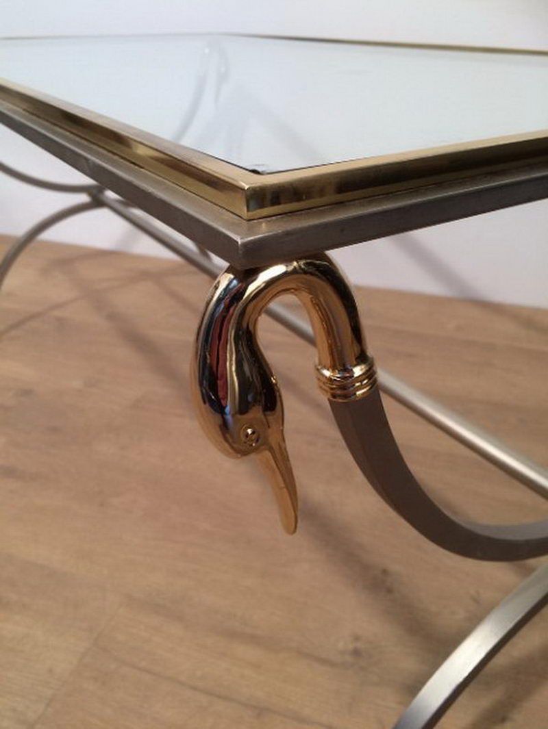 Brushed Steel and Brass Swan Coffee Table by Maison Jansen
