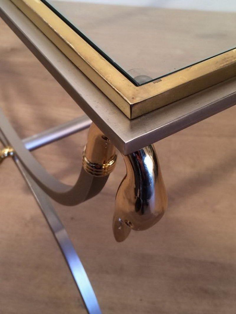 Brushed Steel and Brass Swan Coffee Table by Maison Jansen
