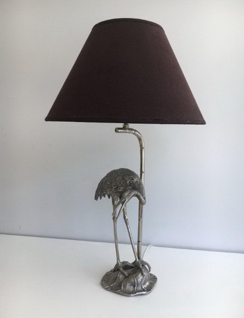 Lampe au Héron en Métal Argenté. Maison Baguès.