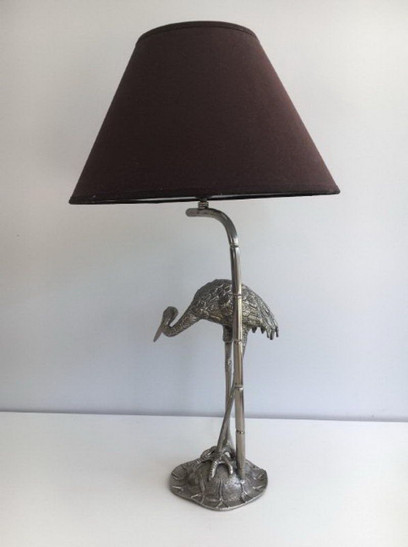 Lampe au Héron en Métal Argenté. Maison Baguès.