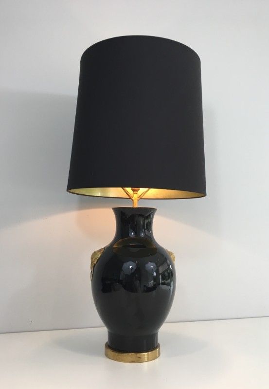Lampe de Table en Céramique Noire et Dorée