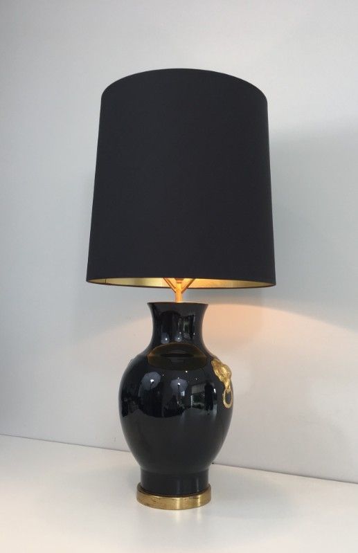 Lampe de Table en Céramique Noire et Dorée