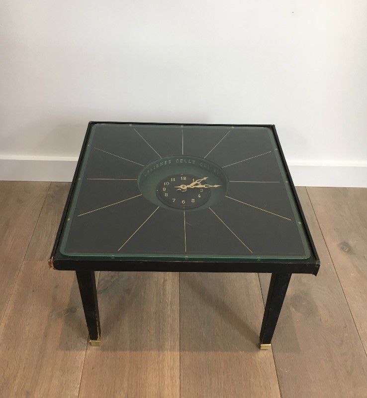 Rare Petite Table Pendule en Cuir et Laiton. Dans le goût de Jacques Adnet