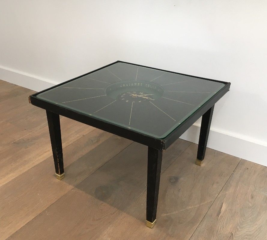 Rare Petite Table Pendule en Cuir et Laiton. Dans le goût de Jacques Adnet