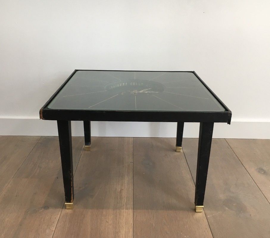 Rare Petite Table Pendule en Cuir et Laiton. Dans le goût de Jacques Adnet