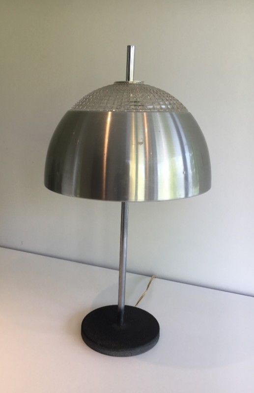 Lampe en Inox, Verre Moulé et Métal Laqué Noir