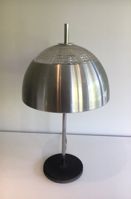 Lampe en Inox, Verre Moulé et Métal Laqué Noir