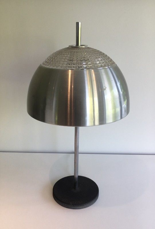 Lampe en Inox, Verre Moulé et Métal Laqué Noir