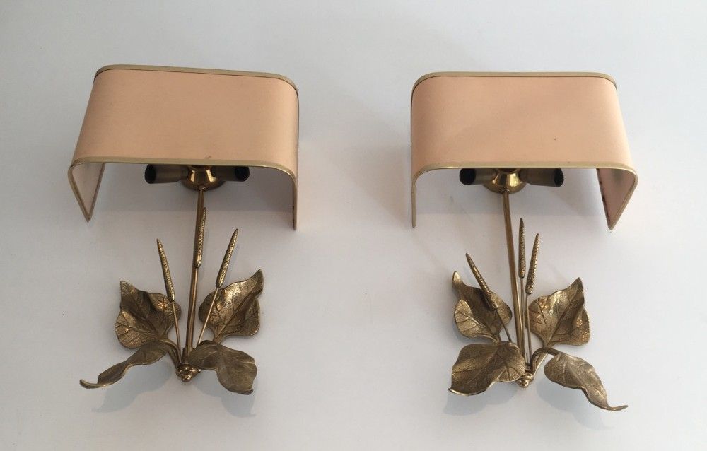 Paire d'Appliques en Bronze aux Epis de Blé et Feuilles. Dans le goût de la Maison Charles