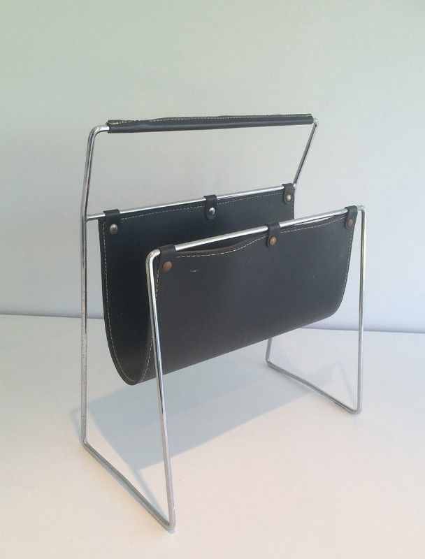 Porte-Revues en Chrome et Cuir Noir