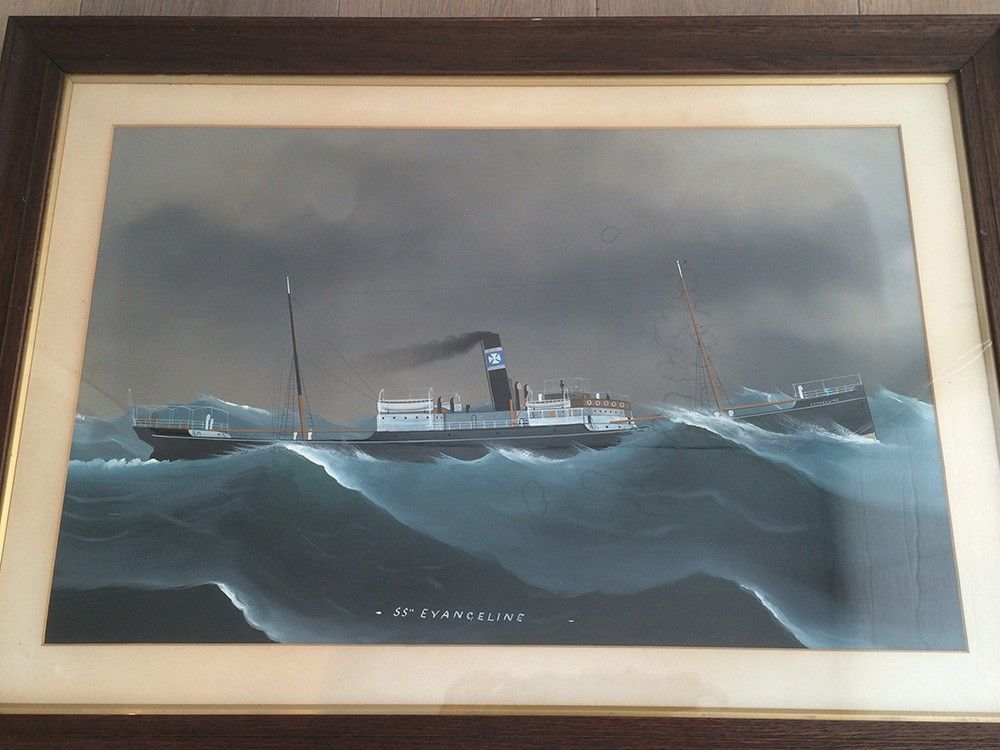 Aquarelle Représentant un Navire naviguant. SS Evangeline (Signé)