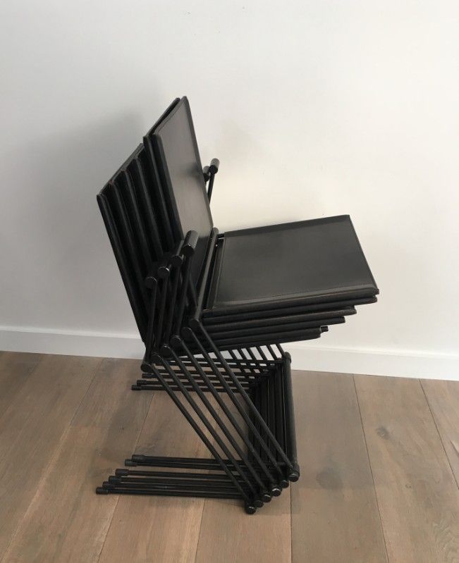 Série de 6 Chaises en Cuir Noir