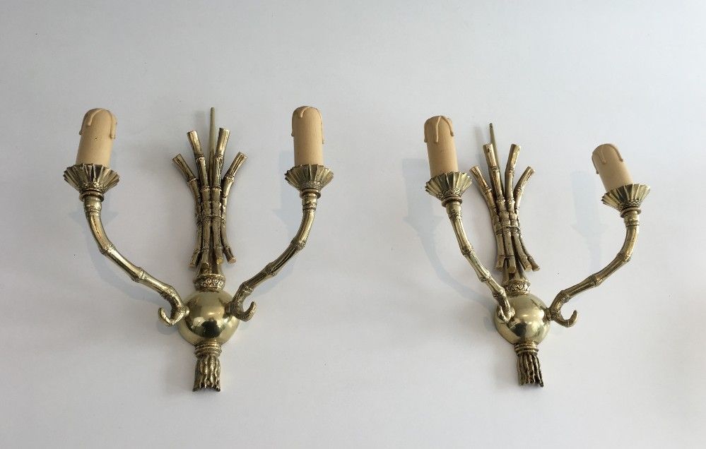 Rare Paire d'Appliques en Bronze façon Faux-Bambou