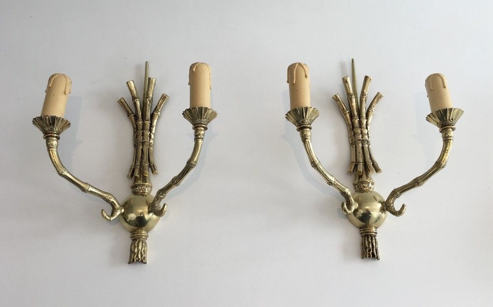 Rare Paire d'Appliques en Bronze façon Faux-Bambou