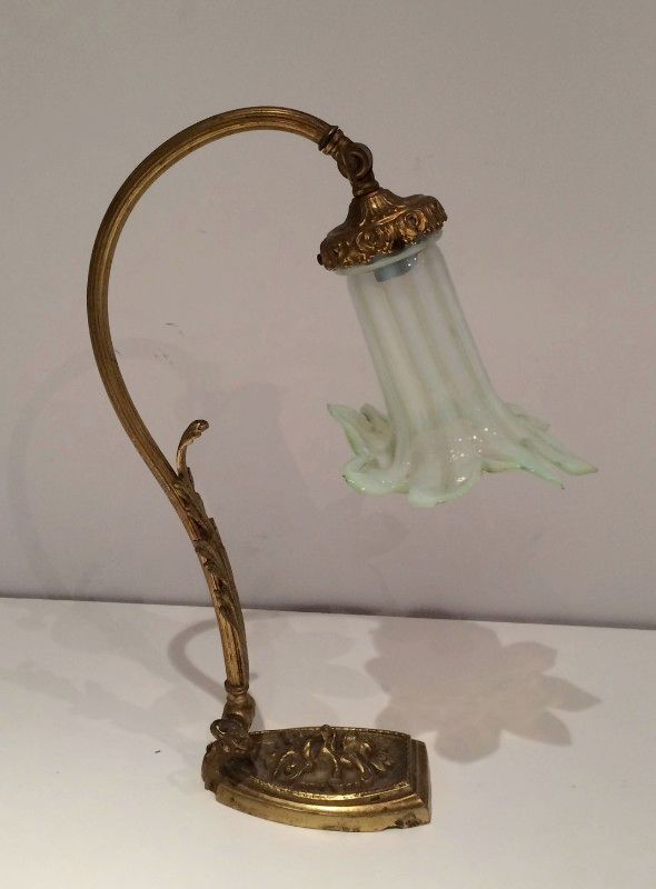 Lampe en Bronze à Tulipe de Verre Colorée