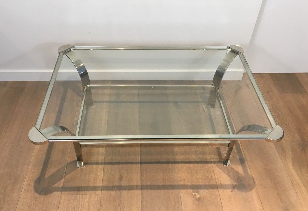 Importante Table Basse Design en Chrome et Plateaux de Verres