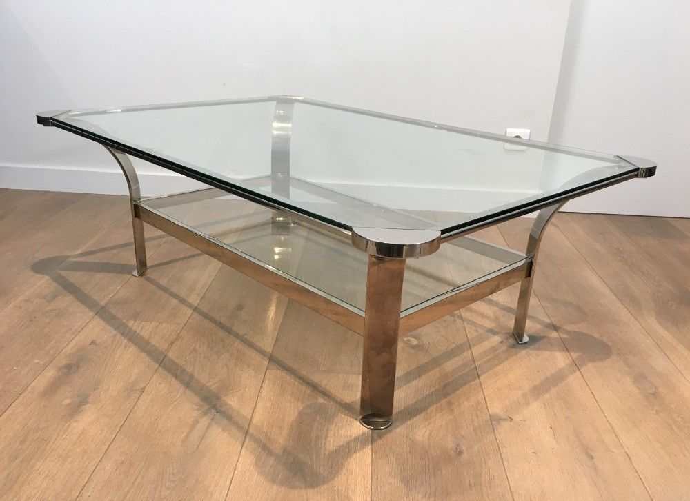 Importante Table Basse Design en Chrome et Plateaux de Verres