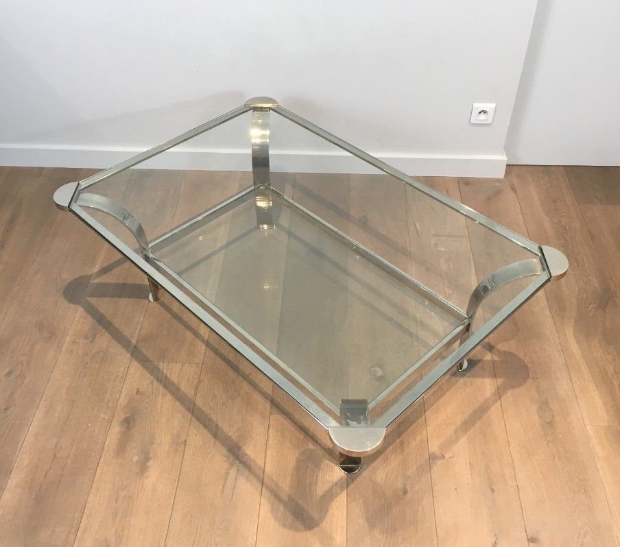 Importante Table Basse Design en Chrome et Plateaux de Verres