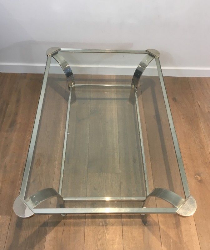 Importante Table Basse Design en Chrome et Plateaux de Verres