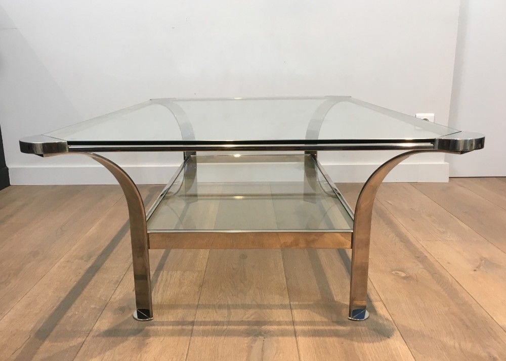 Importante Table Basse Design en Chrome et Plateaux de Verres
