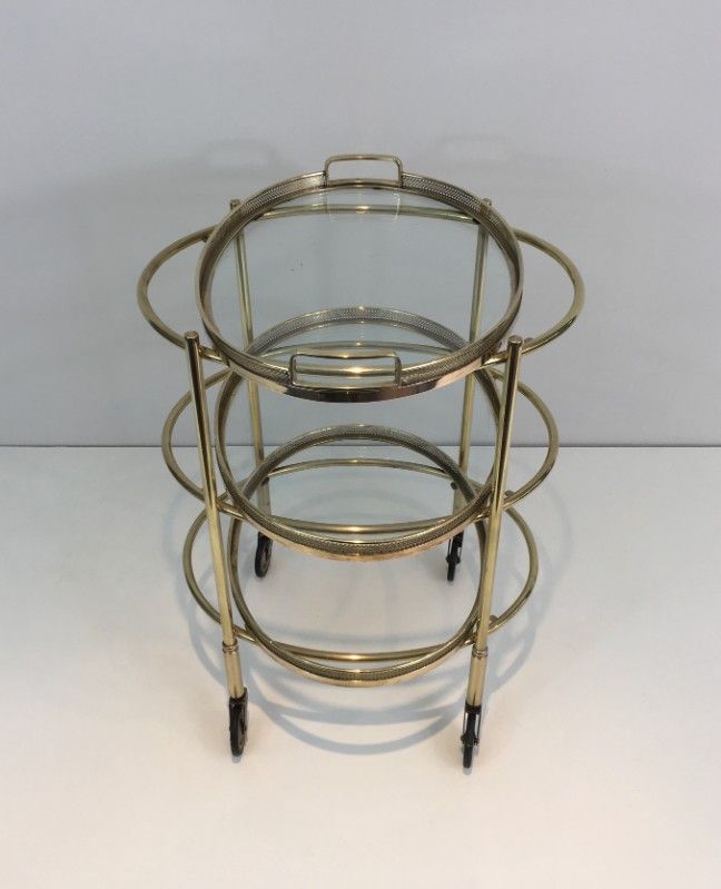 Petite Table Roulante Ovale en Laiton à 3 plateaux Amovibles
