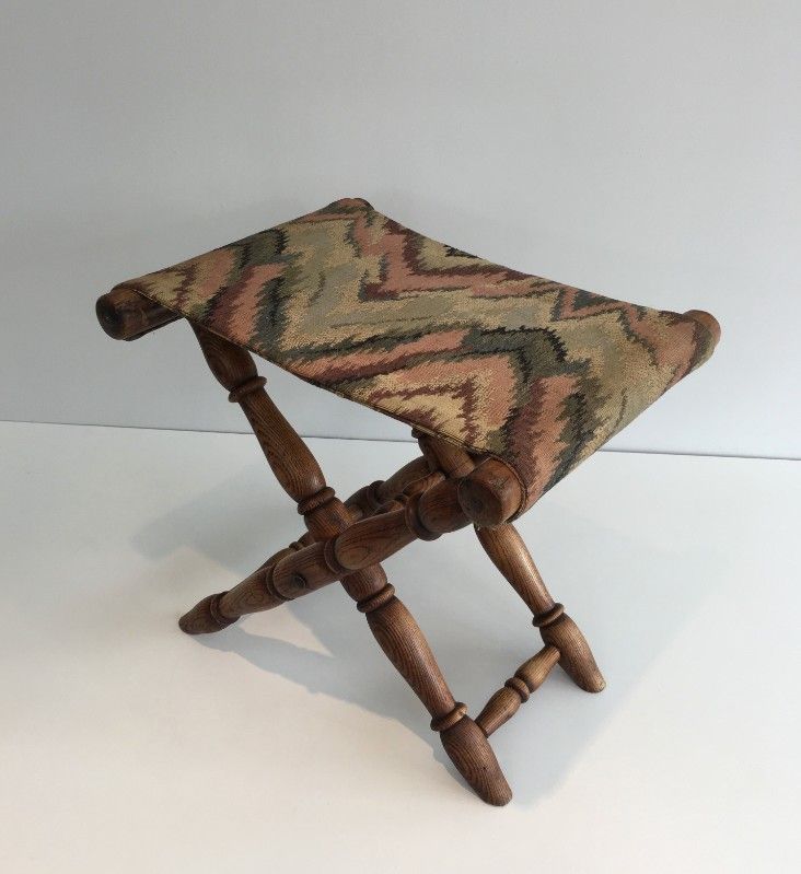 Tabouret Pliant en Bois et Tapisserie