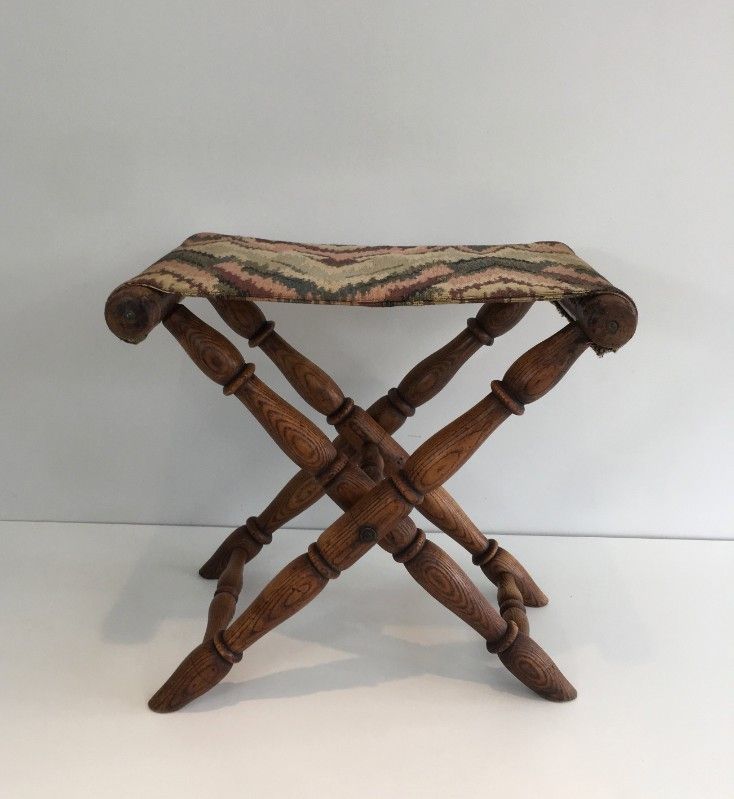 Tabouret Pliant en Bois et Tapisserie