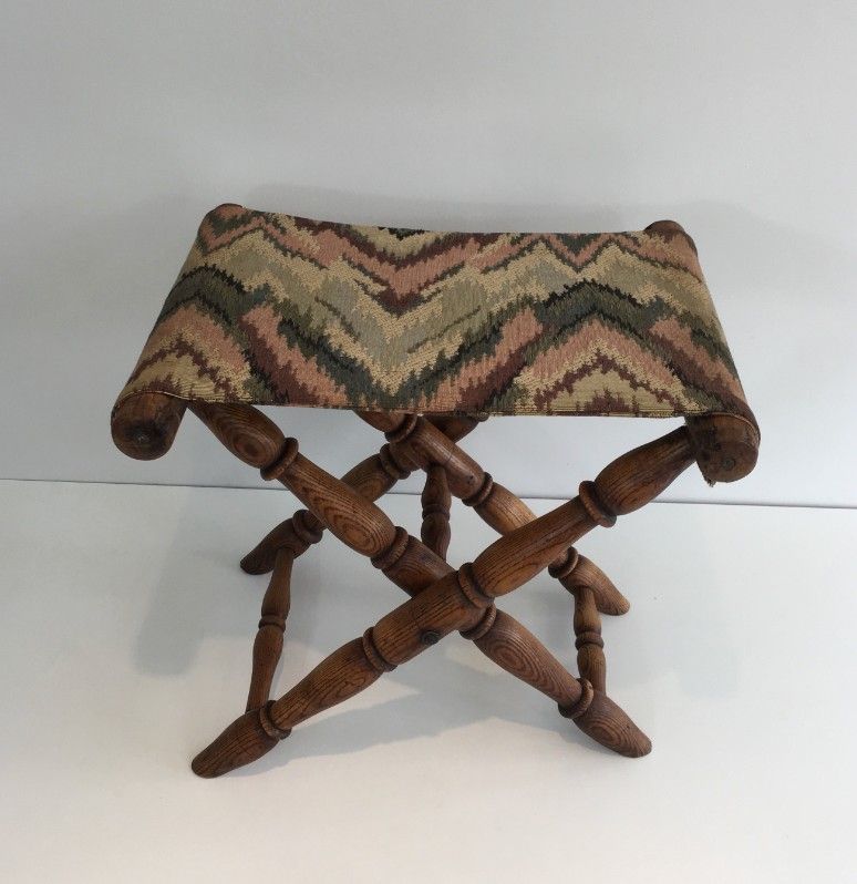 Tabouret Pliant en Bois et Tapisserie