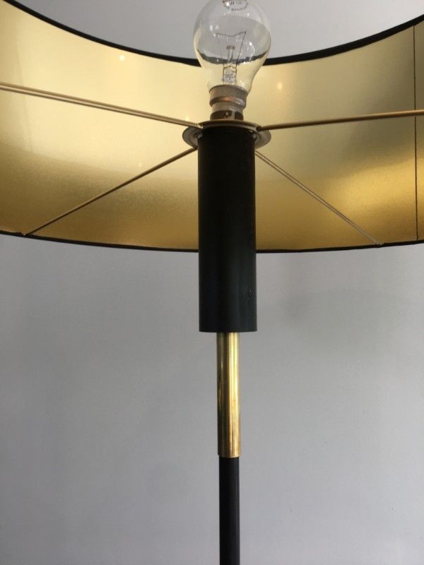 Lampadaire de Parquet Design en Métal Laqué Noir et Laiton