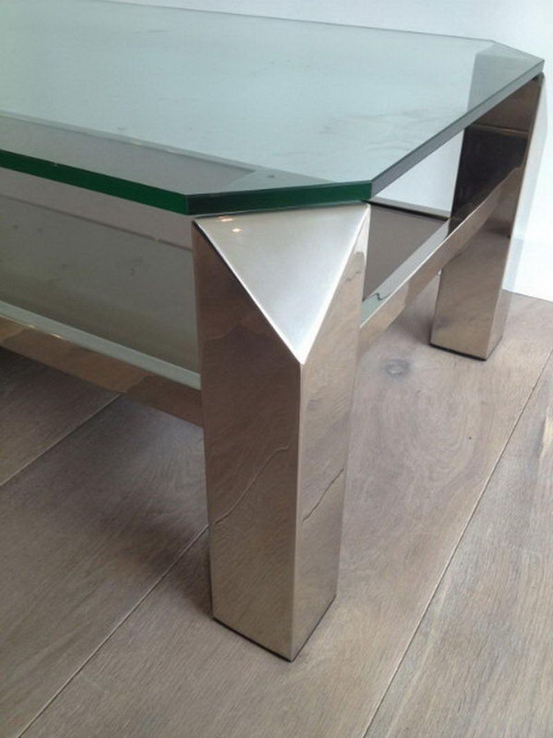 Table Basse Design Octogonale Chromée à Plateaux de Verre et Miroir