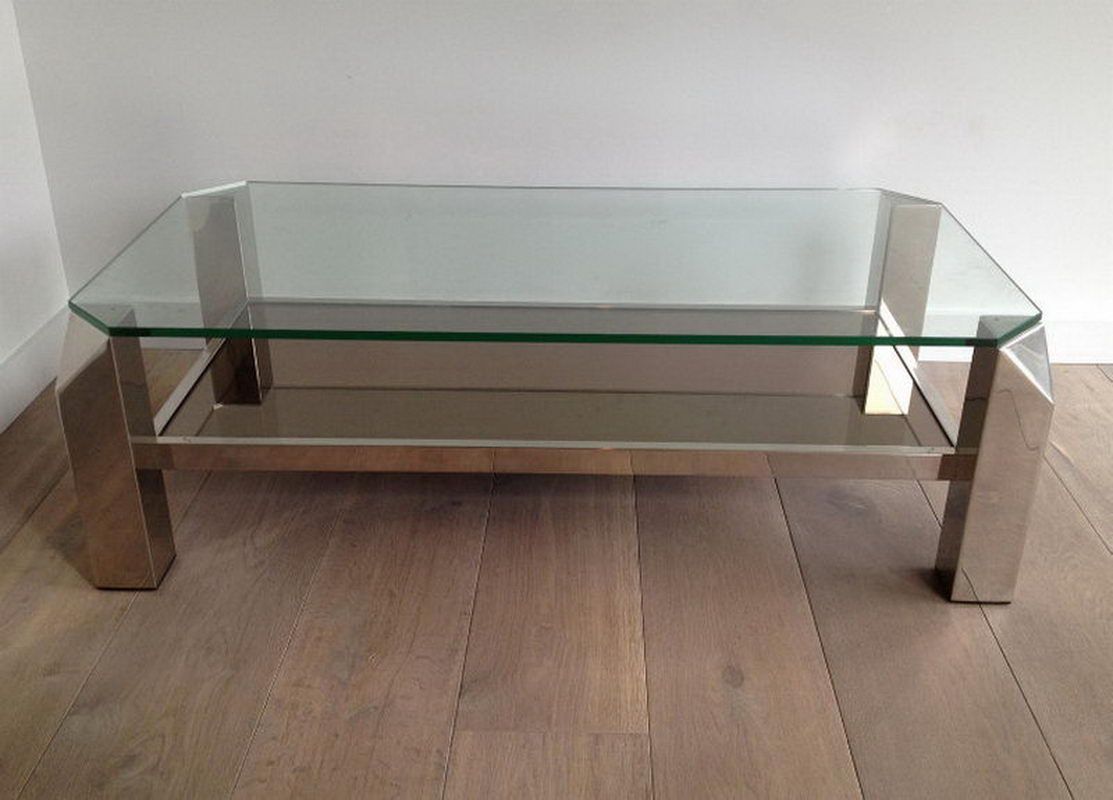 Table Basse Design Octogonale Chromée à Plateaux de Verre et Miroir