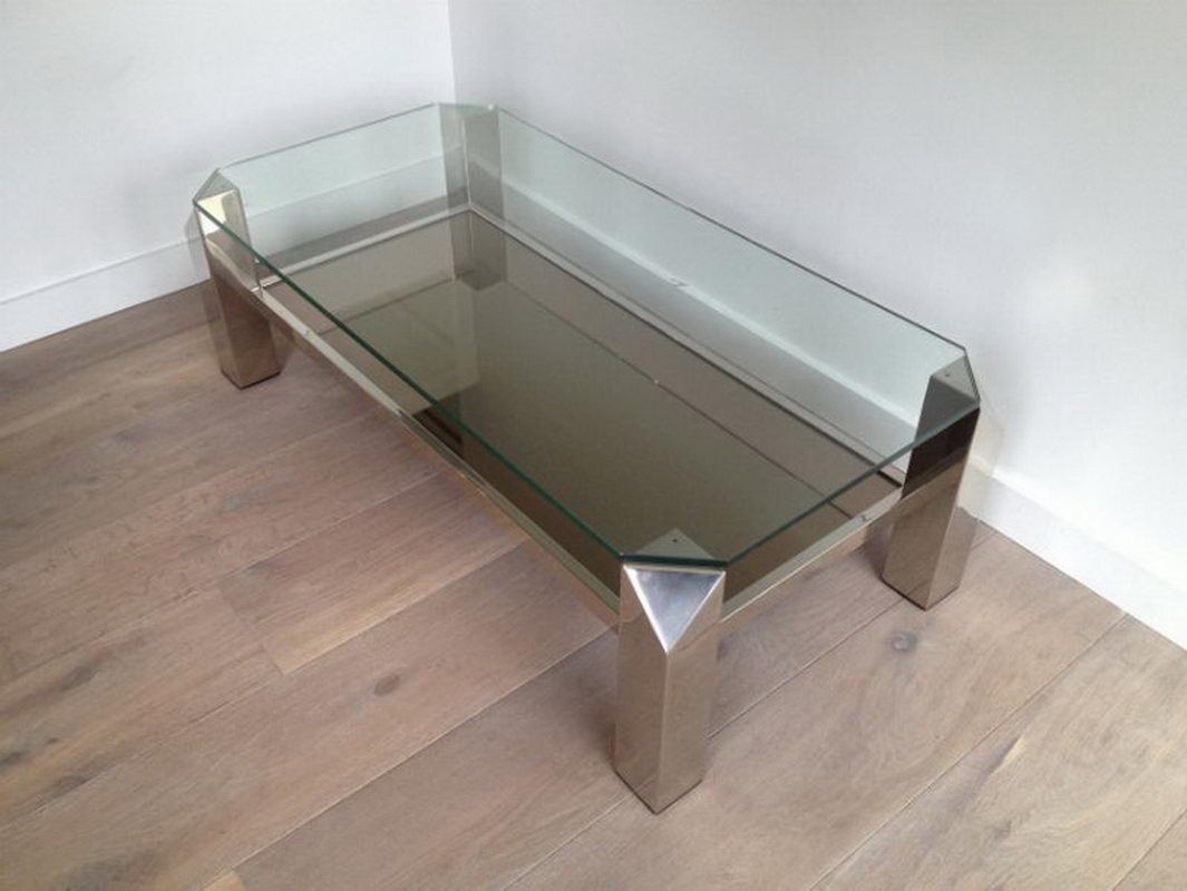 Table Basse Design Octogonale Chromée à Plateaux de Verre et Miroir