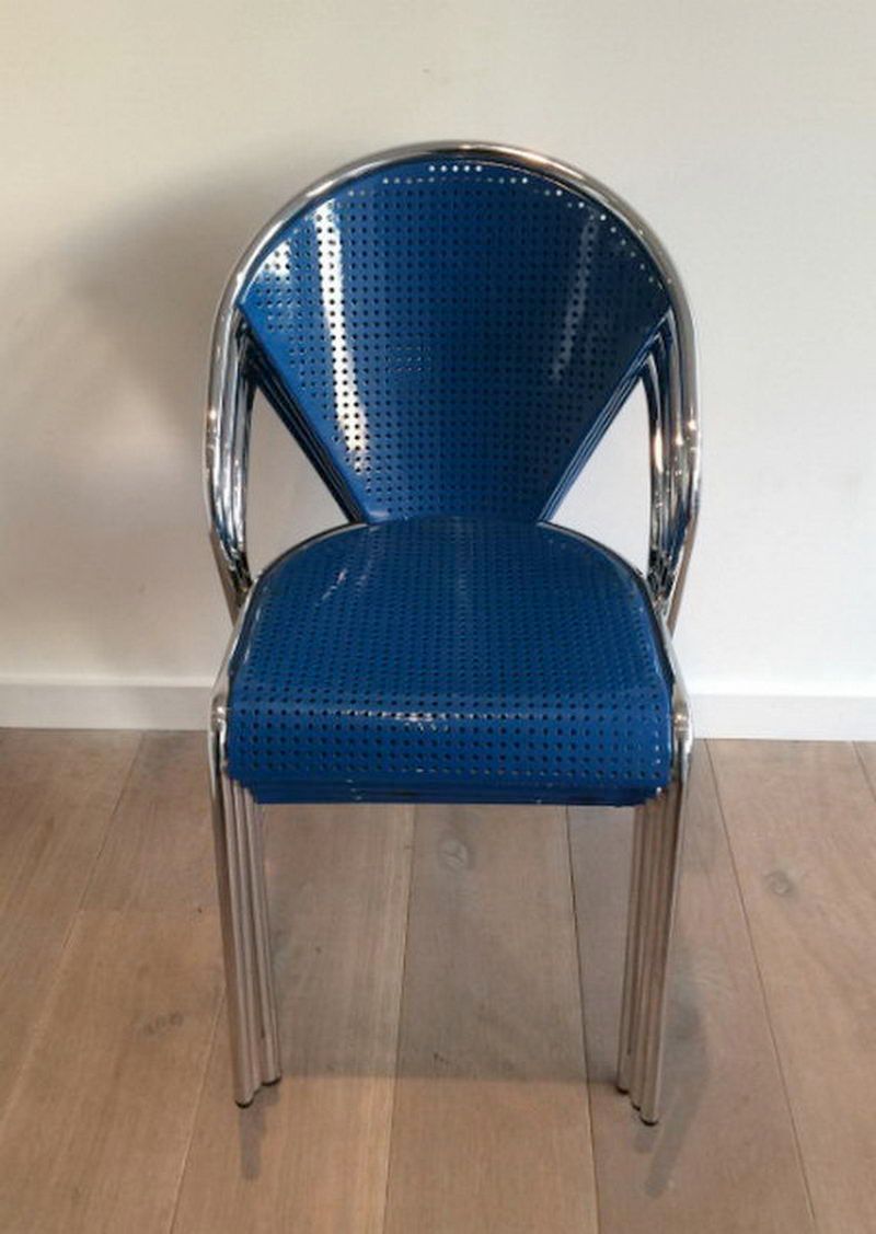 Suite de 4 Chaises Chromées à assises Perforées en Métal Laqué Bleu