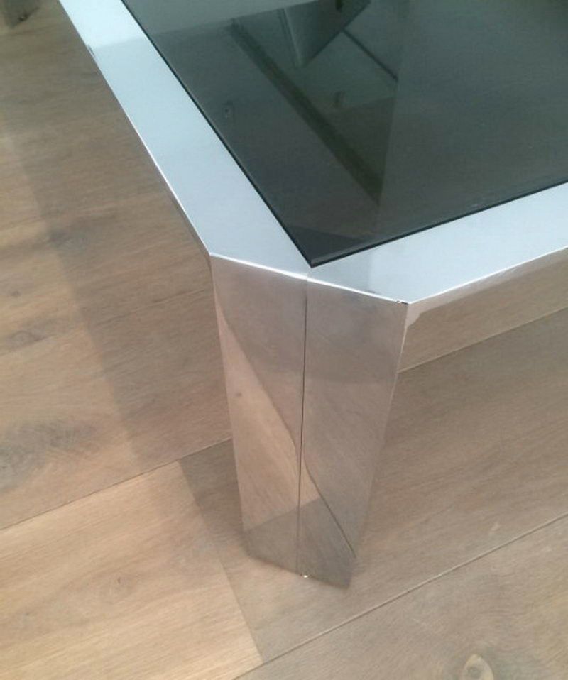 Belle table basse octogonale en chrome à dalle de verre noir