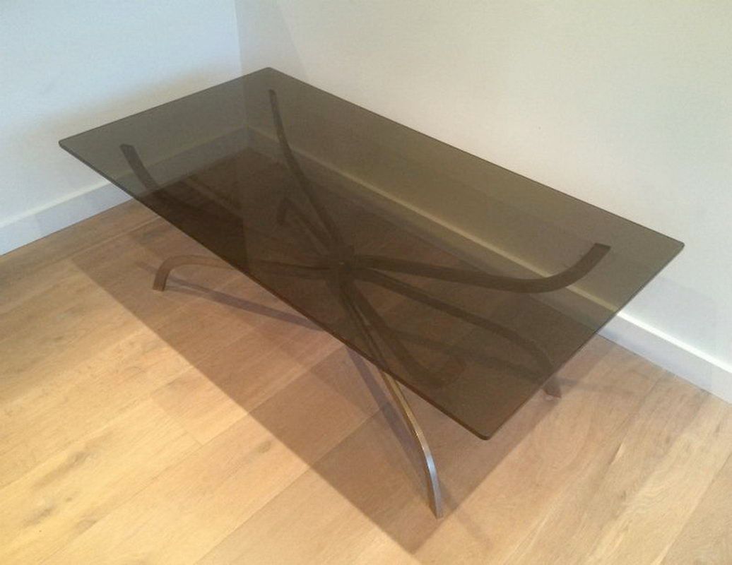 Table Basse en Acier Brossé et Dalle de Verre Fumé de la Maison Charles