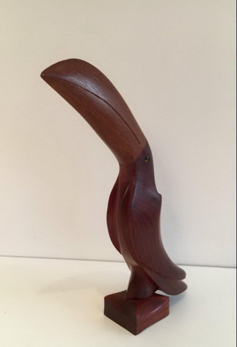 Sculpture d'un Beau Toucan Stylisé en Bois Exotiques et Yeux en Verre