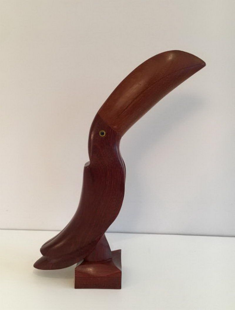 Sculpture d'un Beau Toucan Stylisé en Bois Exotiques et Yeux en Verre