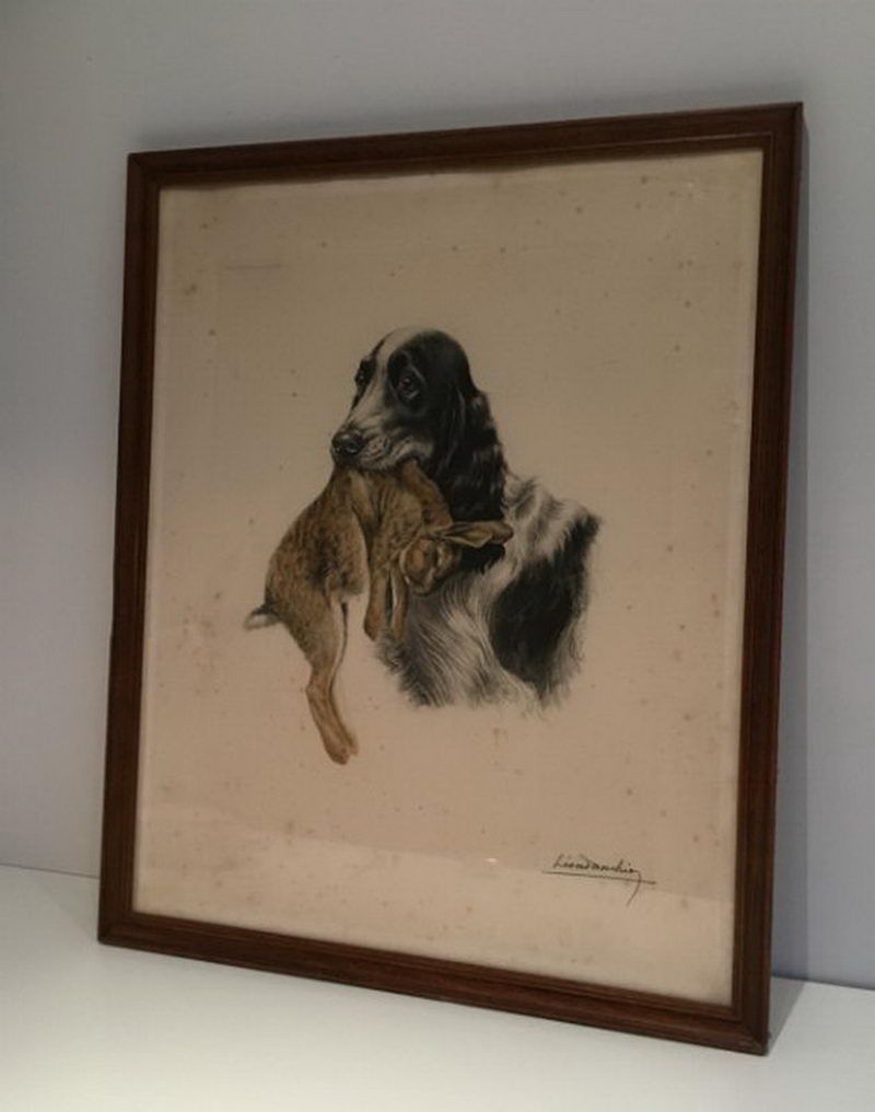 Lithographie Couleur d'un Setter Anglais et Lapin. Léon Danchin ((1887-1938)