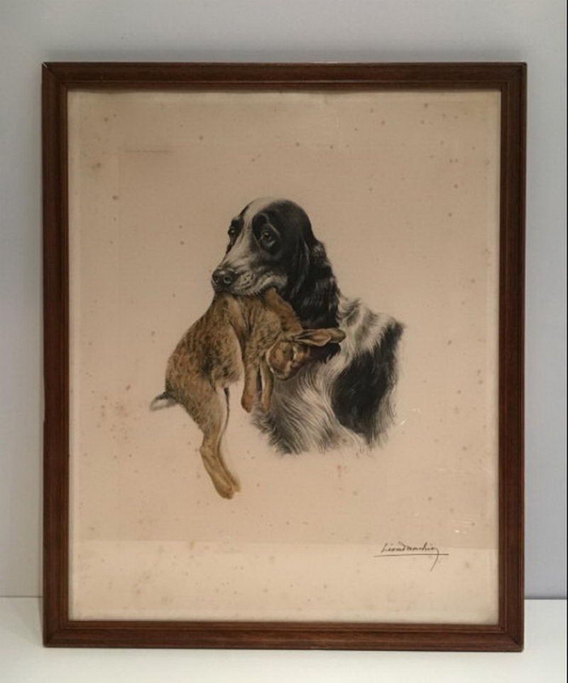 Lithographie Couleur d'un Setter Anglais et Lapin. Léon Danchin ((1887-1938)